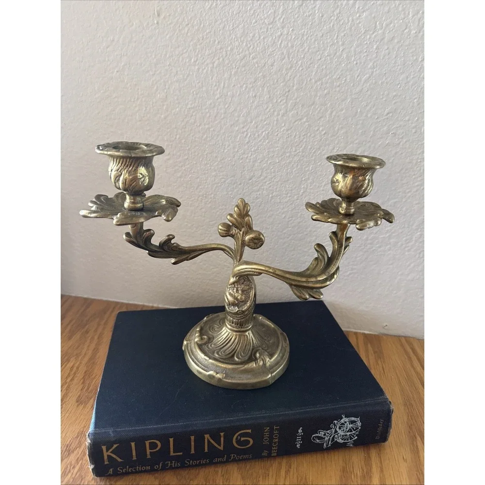 Vintage Solid Brass European French Louis XV Style 2-Arm Candelabra